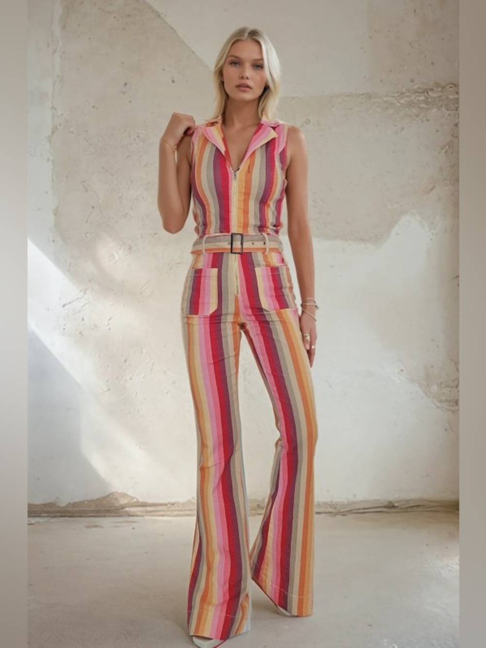 🌈 Retro 70s Vibes Striped Flare Jumpsuit – Sunset Multi-Color Boho Chic! - Picture 3 of 9